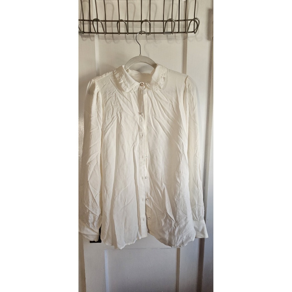 TALBOTS woman Y2k Sz L white  lined‎  blouse ruffle collar pearl buttons up
